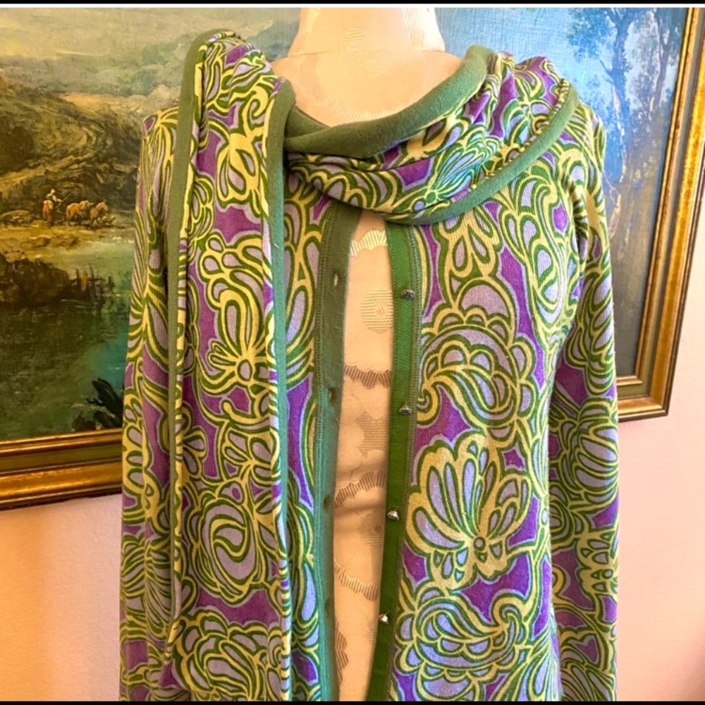 Sigred Olsen Green Paisley Cardigan w Matching Scarf